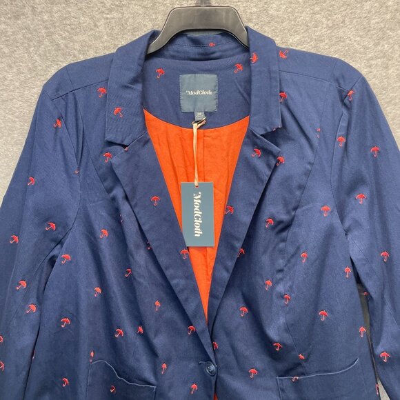 Modcloth‎ Embroidered Blazer Jacket Womens Plus 28 Navy Blue Umbrellas Novelty - Picture 2 of 14